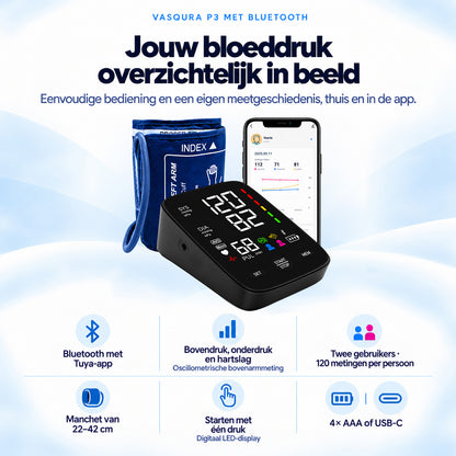 VasQura Bloeddrukmeter P3 Bluetooth - Klinisch Gevalideerd - Met App