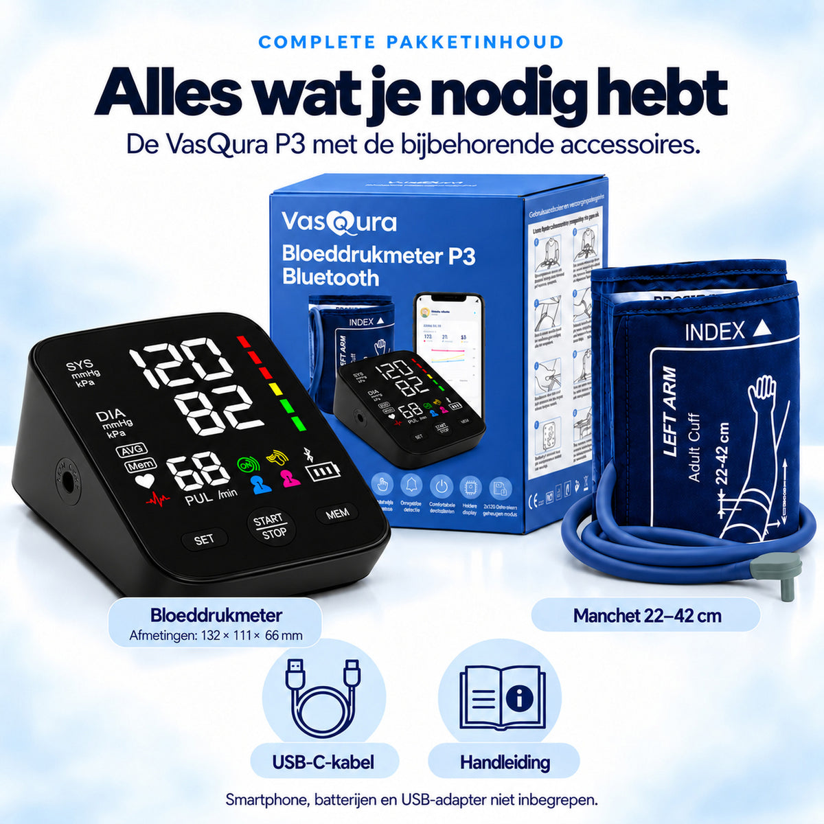 VasQura Bloeddrukmeter P3 Bluetooth - Klinisch Gevalideerd - Met App